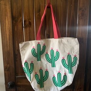 Cactus Pattern Tote Bag with Red Straps